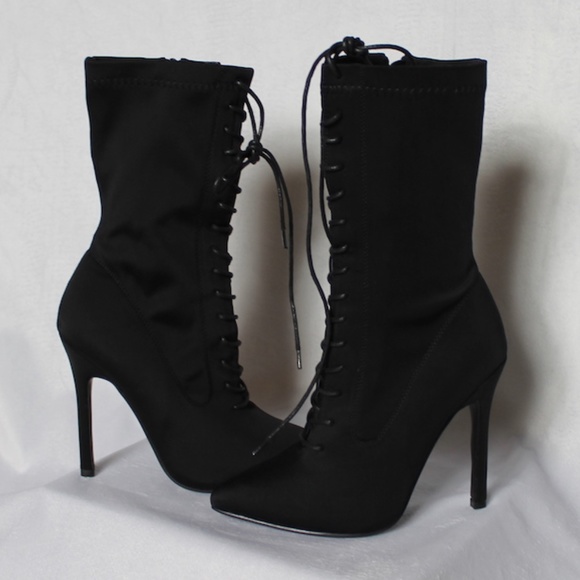 Black Lace-Up Heeled Calf Boot - Picture 2 of 6